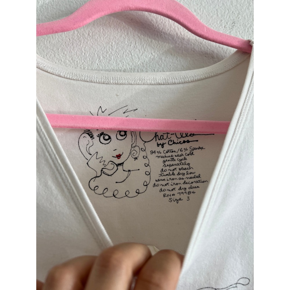 Chico's Chat-Tees V-Neck Long Sleeve Graphic Cream Tee 3 Vacation Beach Resort - Picture 4 of 6